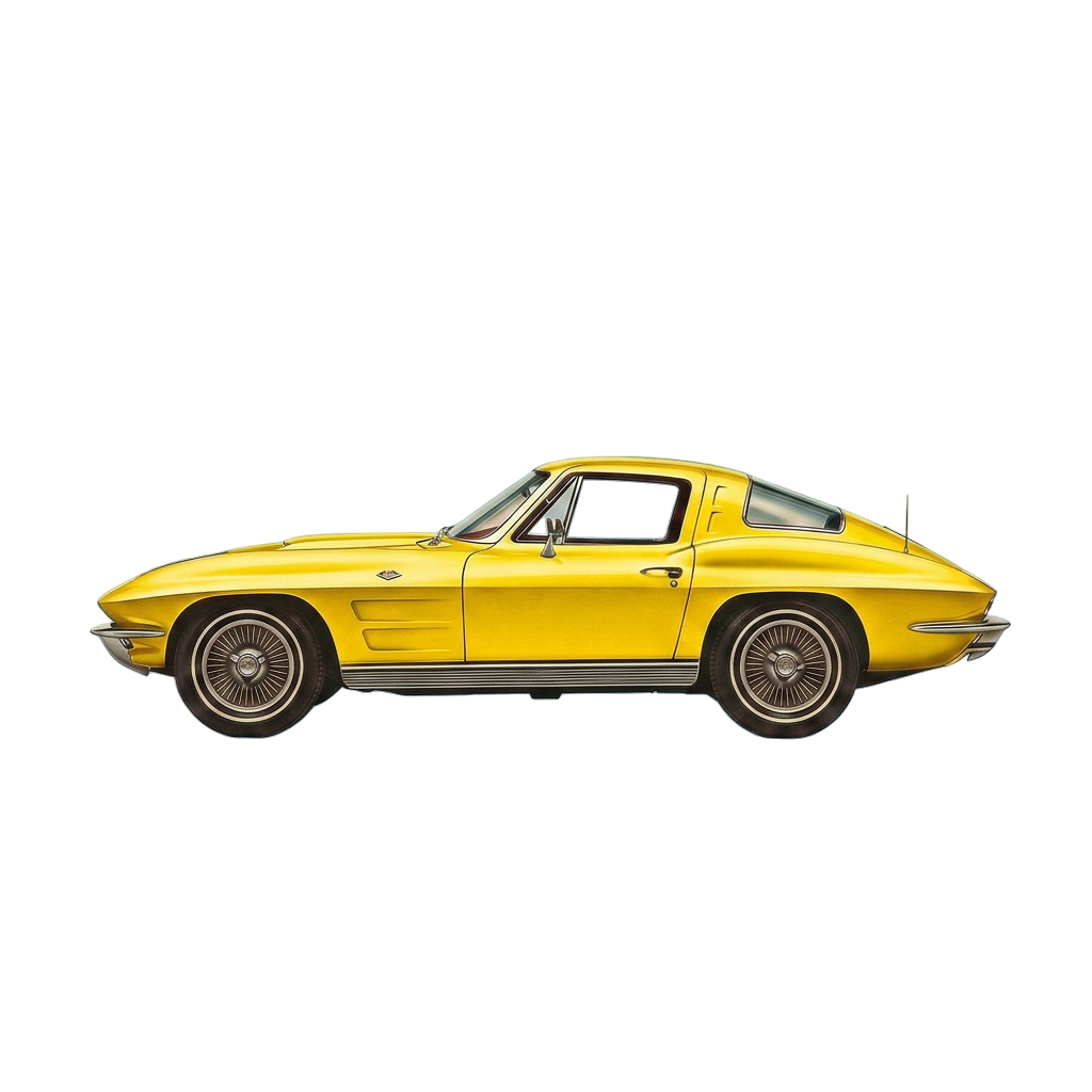 Yellow classic Corvette side profile on a blue background.