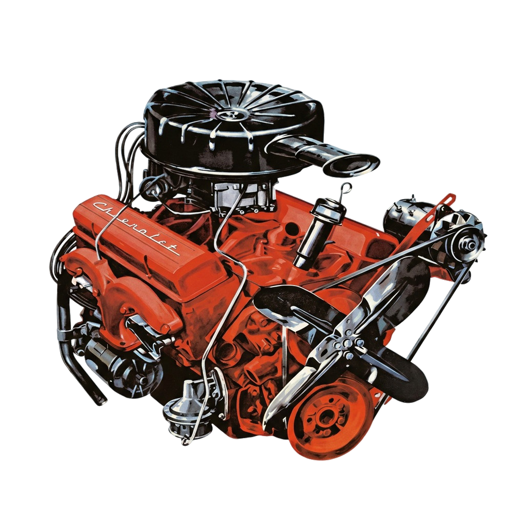 Vintage Chevrolet engine illustration on a blue background.