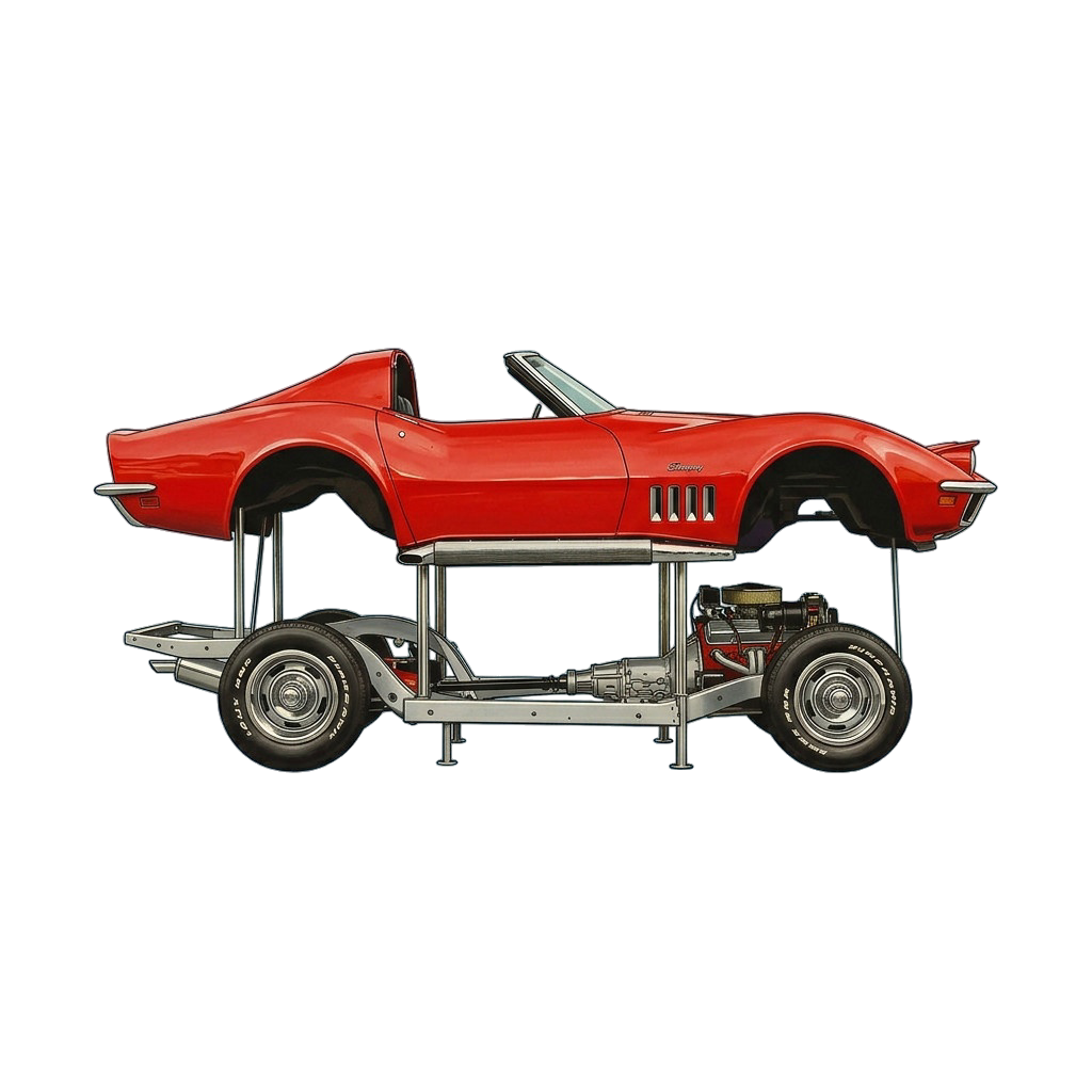 Red Corvette restoration chassis illustration on a blue background.
